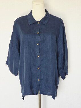 Magic Linen Lagenlook 100% Linen Relaxed Shirt Button-Up 3/4 Sleeve Blue